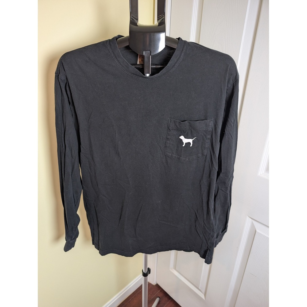 PINK Victoria's Secret Pocket Tee Women M Black Long Sleeve Plaid Dog Logo